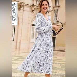 Talbots SMOCKED FIT & FLARE DRESS - STENCIL FLORAL NWT Size 12